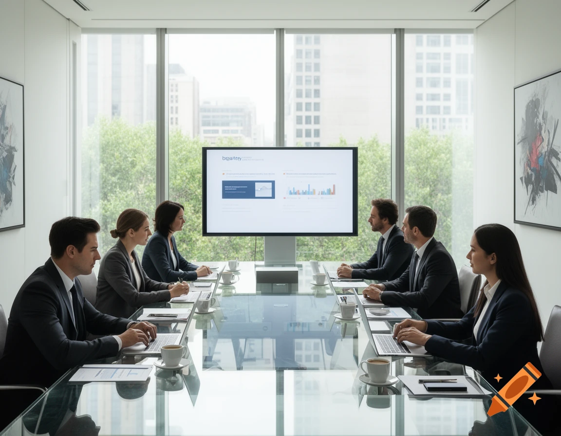 Business professionals in a modern conference room, attending a meeting with a large screen displaying data charts.