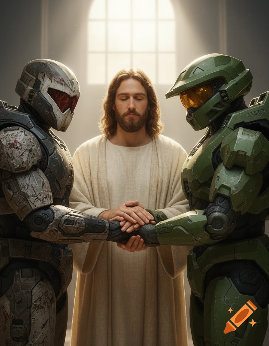 Jesus, Master Chief, and Doomguy joining hands in prayer in a brightly lit, reverent setting.