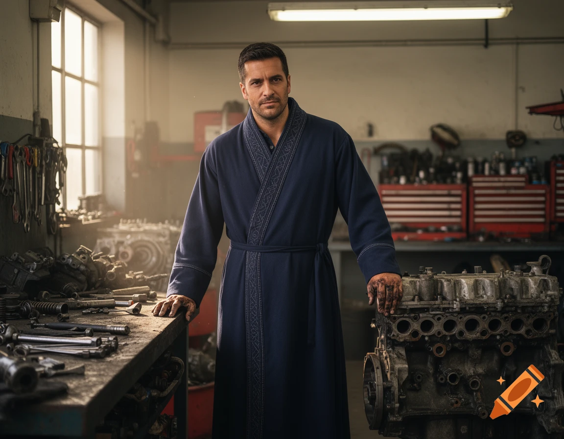 A man in a dark blue robe stands in a cluttered mechanic's garage, hands on a workbench and an engine. Photorealistic.