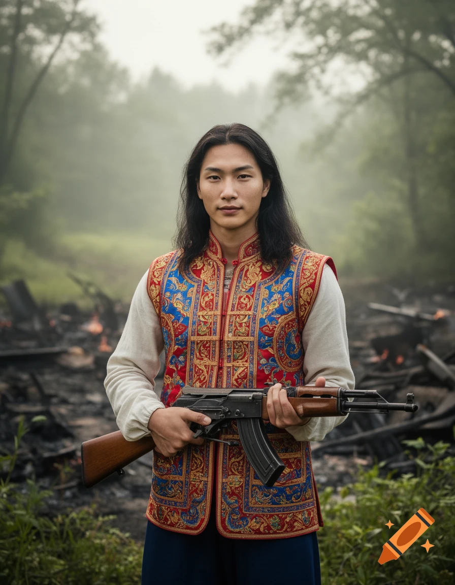 A person with long dark hair, wearing a patterned red and blue ceremonial vest, holds a rifle in a foggy, desolate forest.