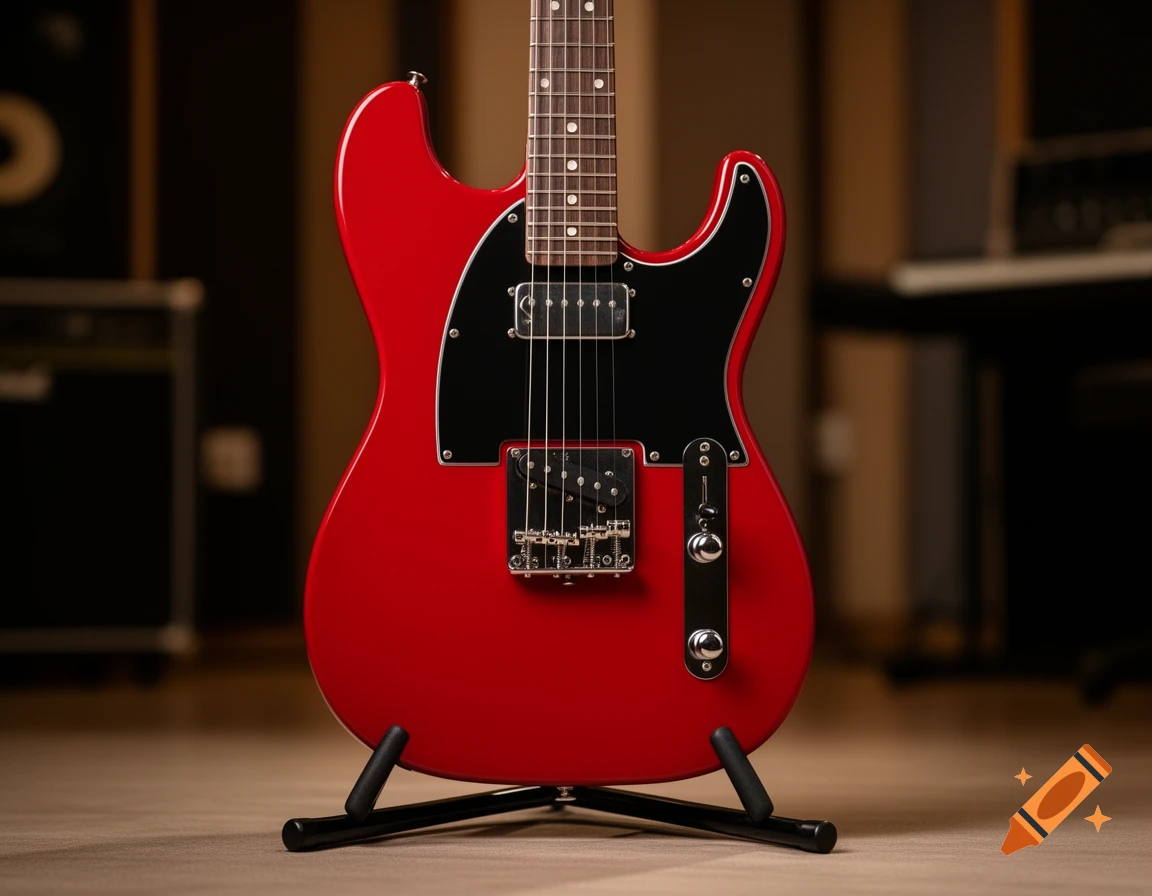 A photorealistic red electric guitar with a black pickguard and chrome hardware stands on a black tripod stand in a dimly lit room.