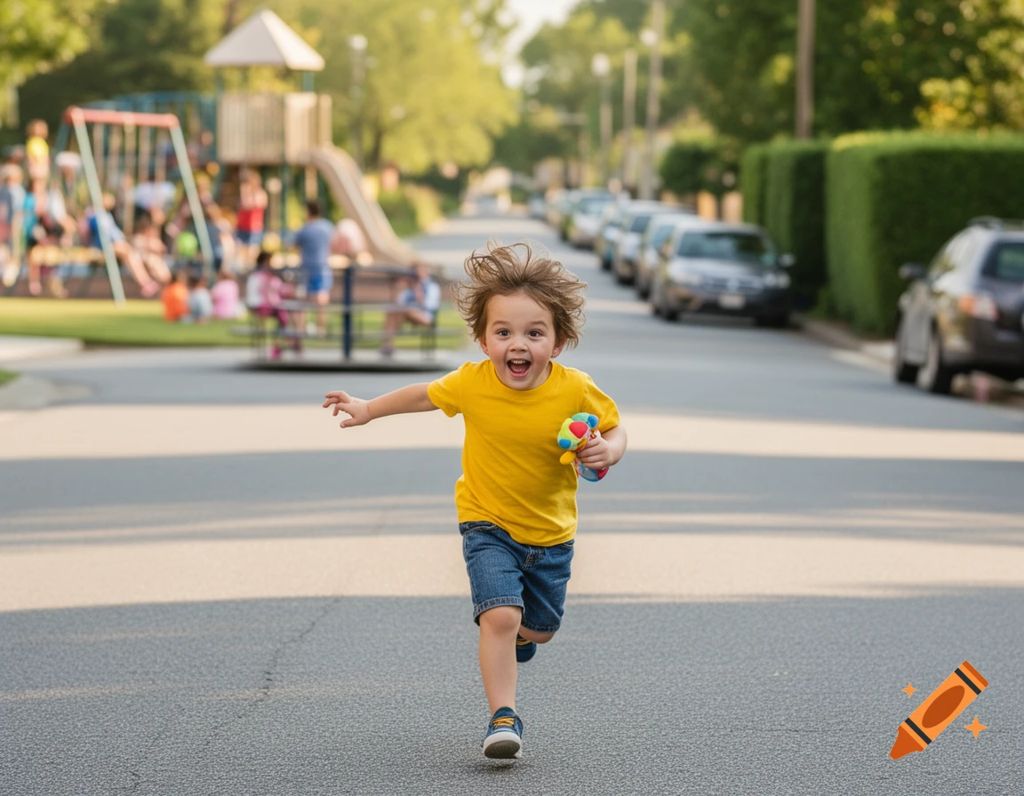 A happy young child with messy brown hair and a yellow shirt runs down a street away from a blurred playground, holding a colorful toy.