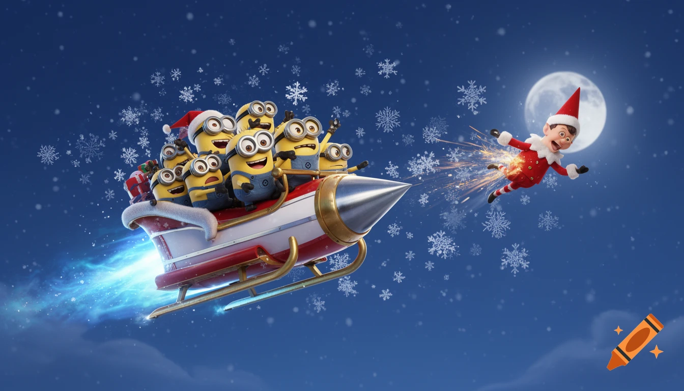 Exuberant Minions ride a rocket-powered Santa sleigh through a snowy night, blasting an Elf on the Shelf with sparks.