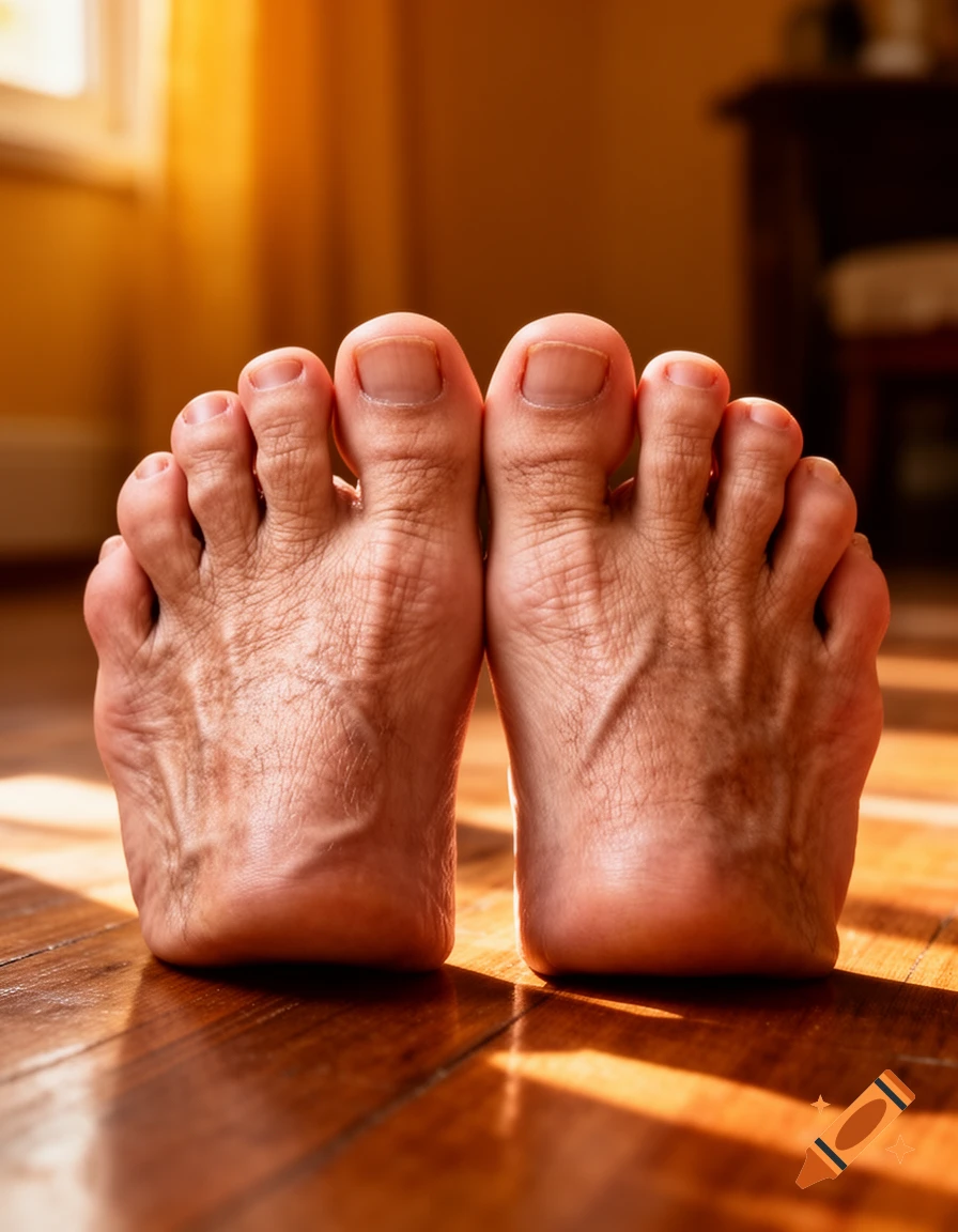 A close-up, photorealistic view of a pair of human feet with prominent toes standing on a polished wooden floor, bathed in warm sunlight.