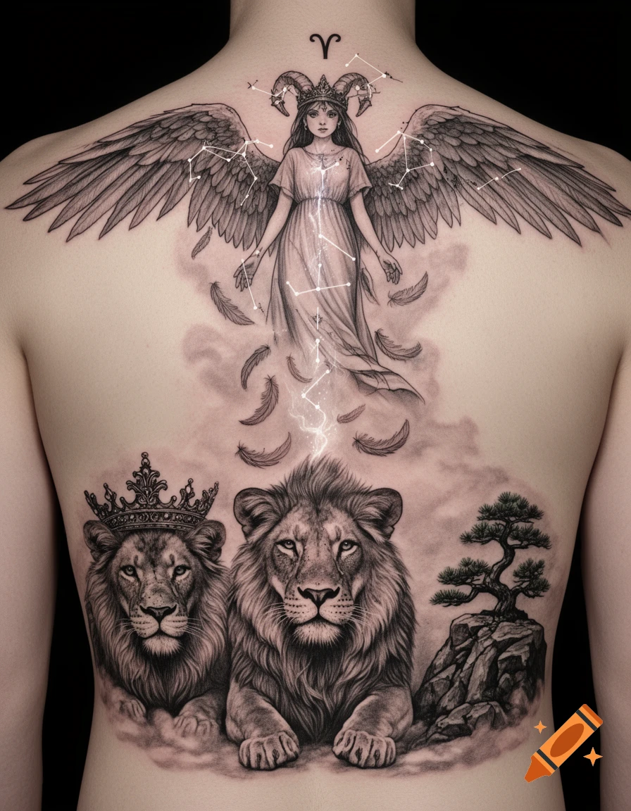 Grayscale tattoo on a back depicting an angelic figure with ram horns and wings, constellation lines, two lions, and a bonsai tree.