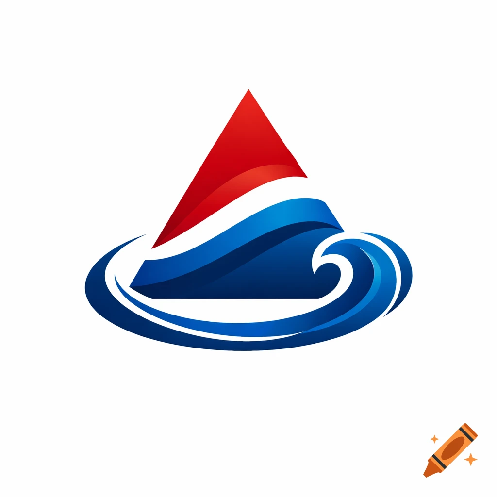 Modern logo with a red triangle atop blue and white waves, all encircled by an abstract blue wave, on a white background.
