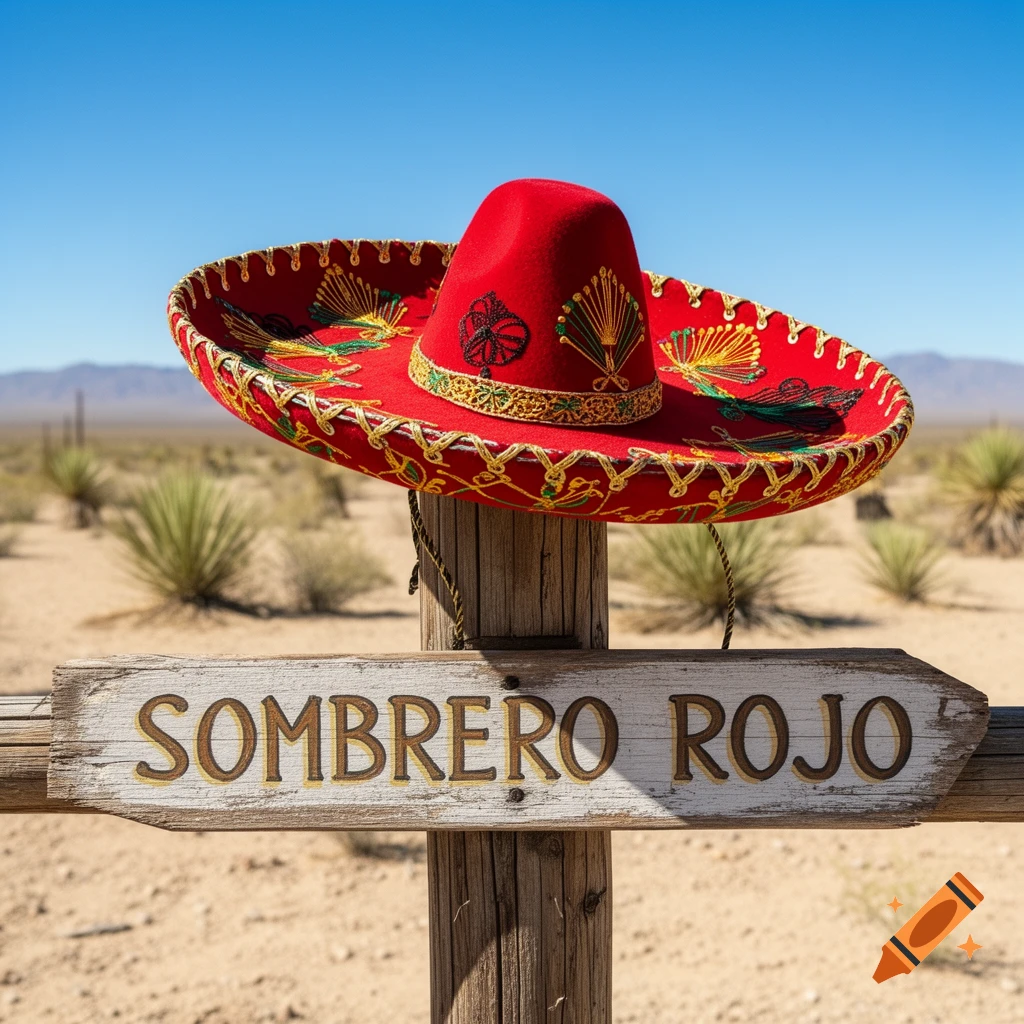 A red sombrero with gold embroidery rests on a weathered wooden sign reading "SOMBRERO ROJO" in a sunny desert landscape.