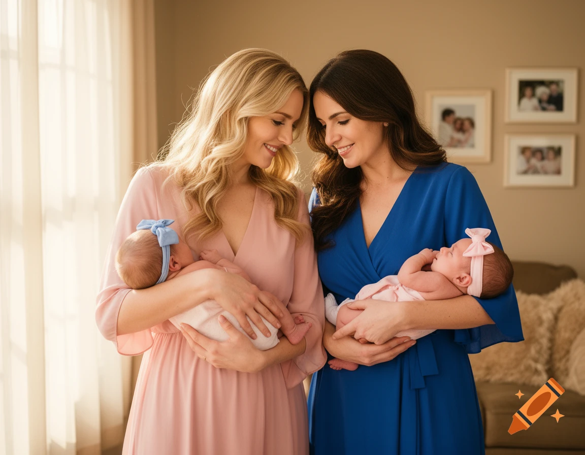 Two smiling women, one blonde in pink holding a baby boy with a blue bow, one brunette in blue holding a baby girl with a pink bow, in a sunlit room.