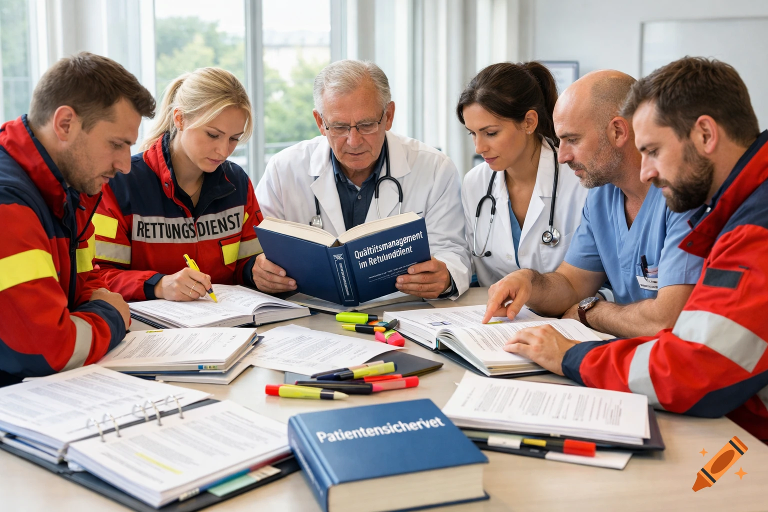 Medical professionals, including paramedics and doctors, gather around a table studying books on quality management and patient safety.