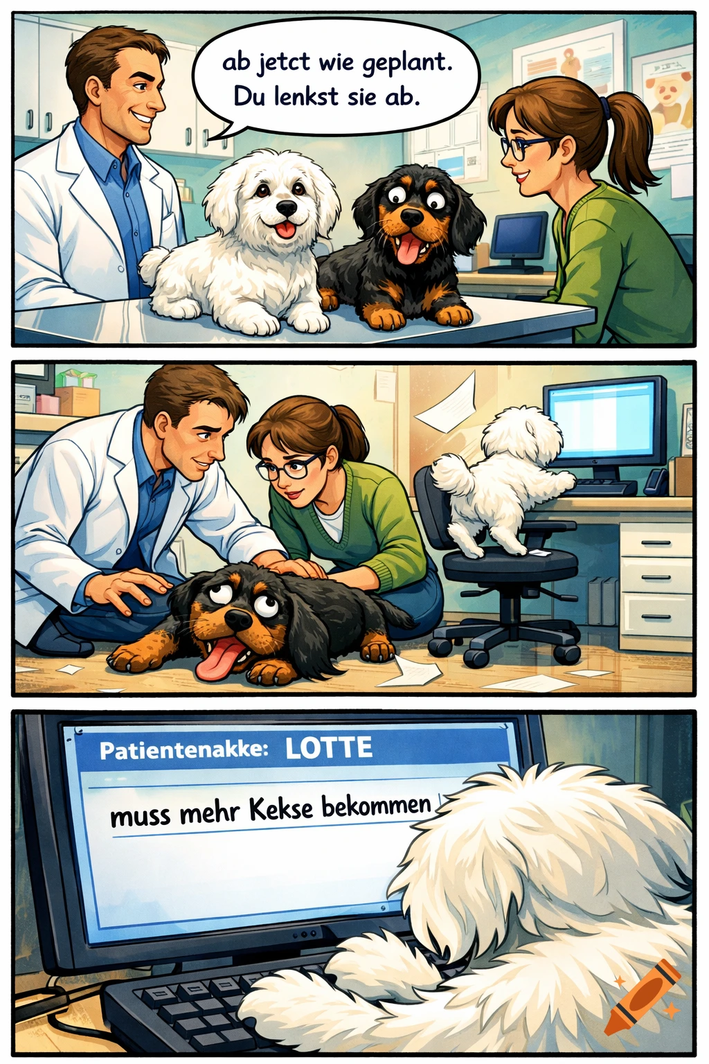 A three-panel comic strip showing two dogs at a vet. The first panel shows a white havanese and a black dachshund on an exam table. The second shows the dachshund on the floor with humans petting it while the havanese jumps onto a chair. The third panel shows the havanese typing on a computer, updating a patient file for "Lotte" to say "must get more cookies".