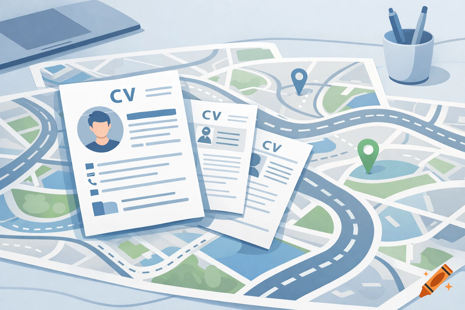 Several CVs and a laptop on a table covered with stylized maps and location pins, in a modern flat illustration style.