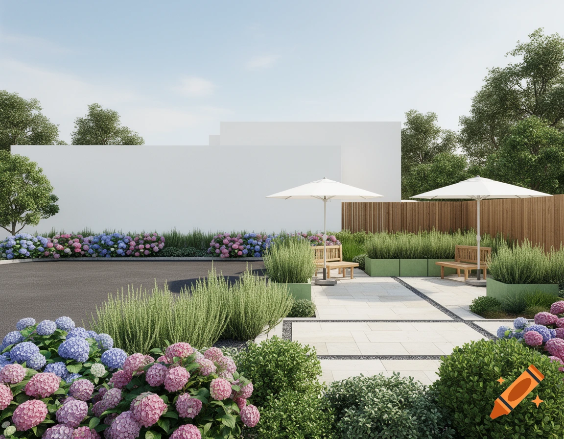 Photorealistic rendering of a modern garden exterior with white walls, purple and pink hydrangeas, green shrubbery, stone pavement, and two white umbrella seating areas.