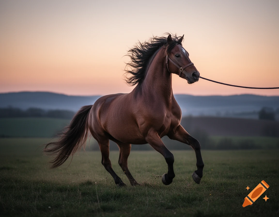 A majestic brown horse with a flowing mane runs freely in a grassy ...