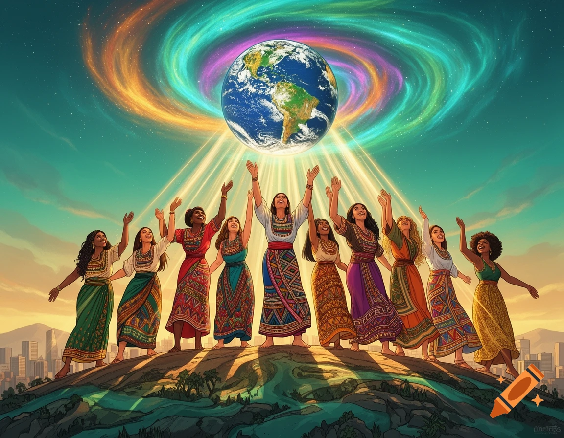 Diverse women in traditional dresses raise hands towards a glowing Earth under a colorful swirling sky, with a city in the distance.