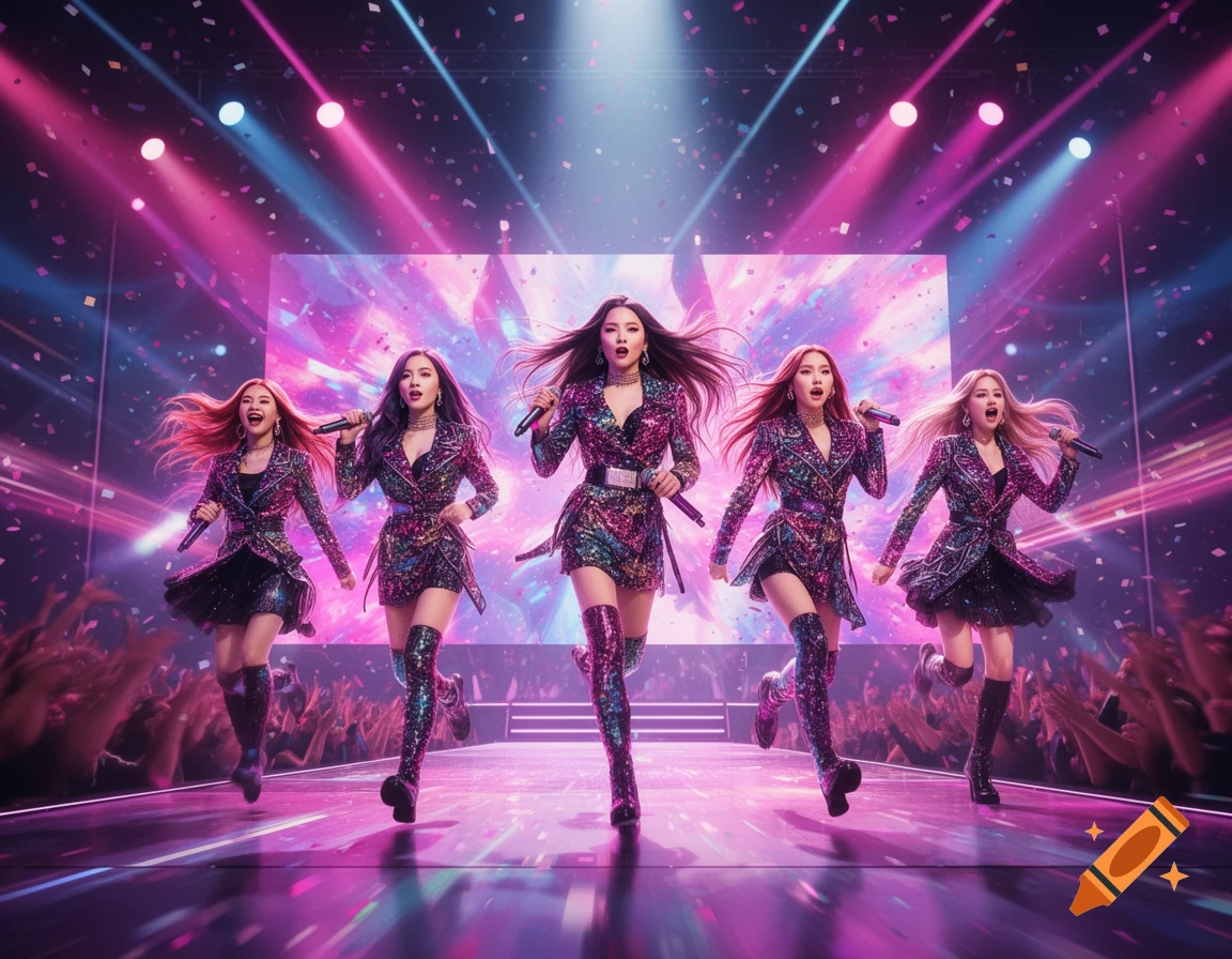 Five women in sparkling outfits and boots run on a stage with microphones, illuminated by pink and blue lights, with falling confetti and a large abstract screen in the background.