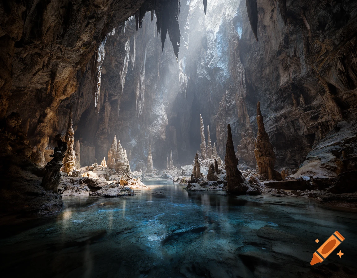 Majestic sunlit cave with towering stalagmites and stalactites, and a clear blue pool of water reflecting light from above.