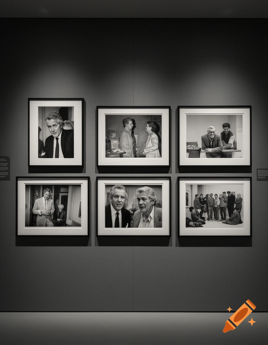 Six framed black and white photographs hang on a dark gray wall, displayed in an art gallery setting.