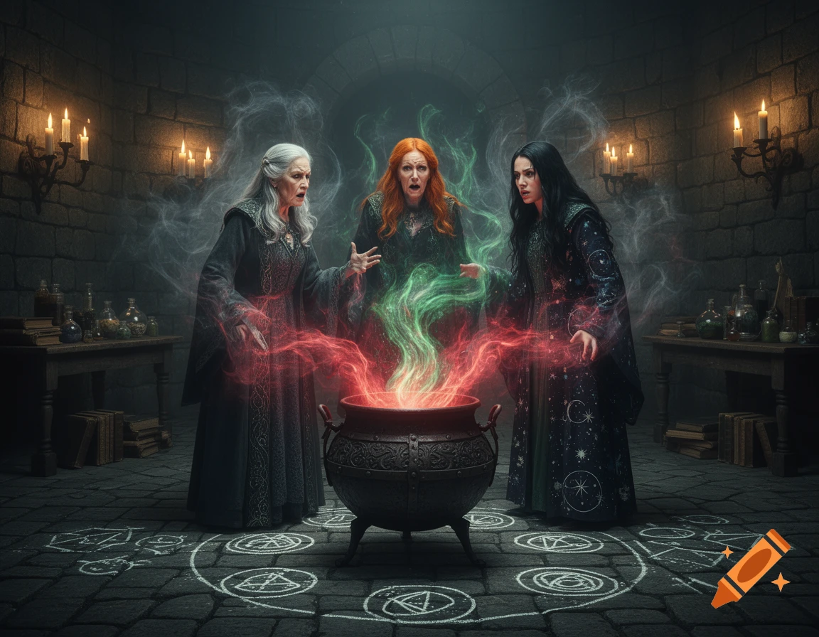 Three witches with an elderly woman, a red-haired woman, and a dark-haired woman, cast a spell around a smoking cauldron in a dark, stone-walled chamber. Red and green magic swirls from the cauldron, surrounded by glowing runic symbols on the floor.