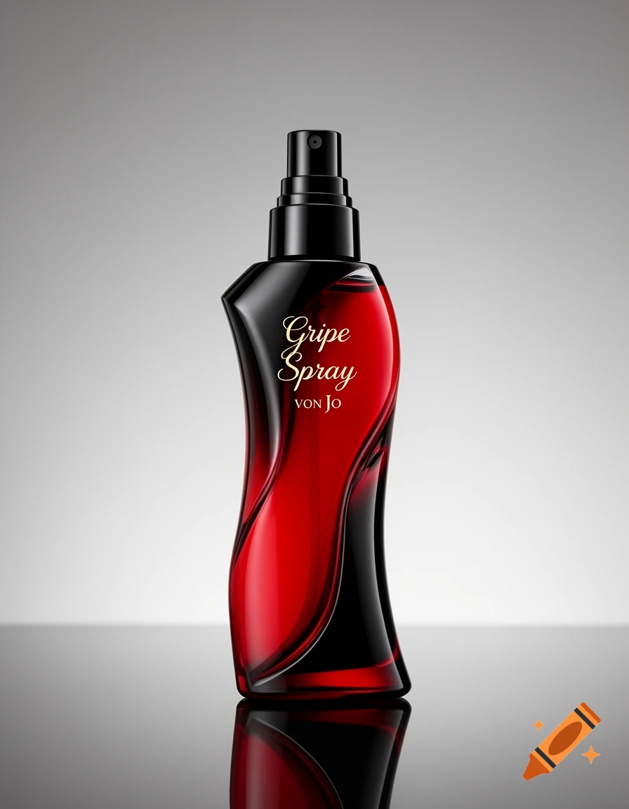 A sleek, wavy black and red spray bottle labeled "Gripe Spray VON JO" stands on a reflective surface.