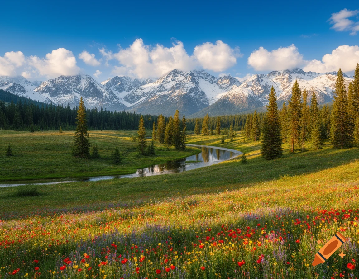 Photorealistic landscape of a winding river through a vibrant ...