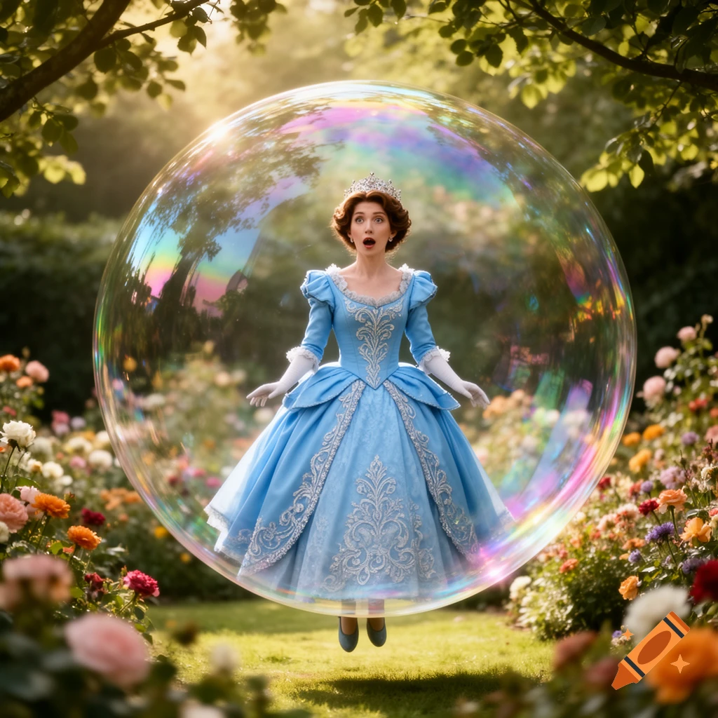 A surprised princess in a light blue gown and tiara floats inside a giant, iridescent bubble in a sunny, flower-filled garden.