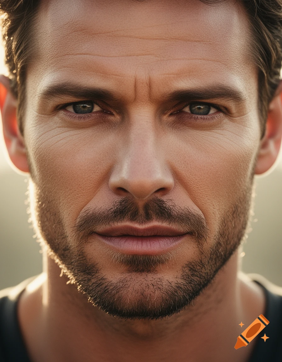 Close-up photorealistic portrait of a man with blue eyes, a beard, and a serious expression, with warm rim lighting.