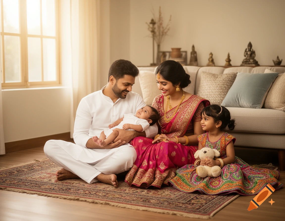 A happy Indian family, with a father holding a baby, a mother in a pink saree, and a daughter with a teddy bear, sitting on a rug.