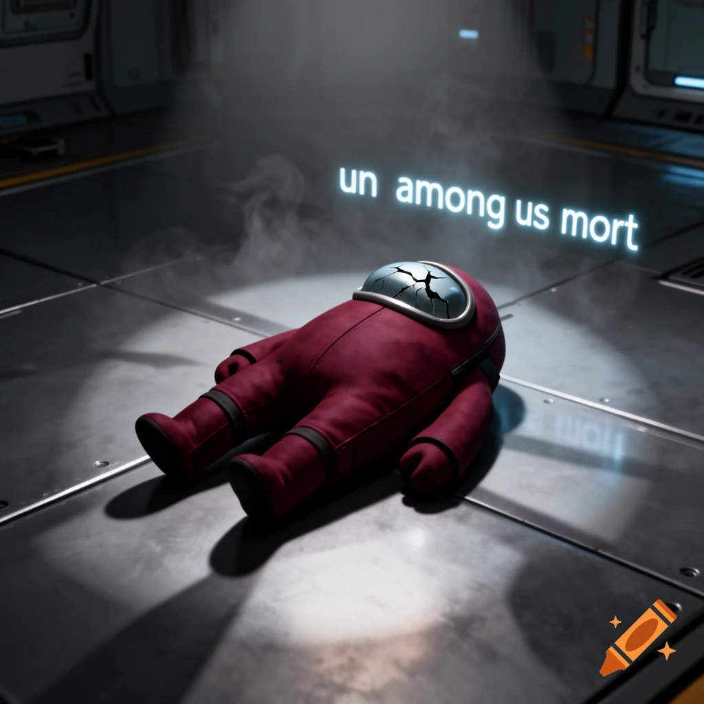 A dead red Among Us crewmate with a cracked visor lies on a futuristic spaceship floor, with the text "un among us mort" floating above.