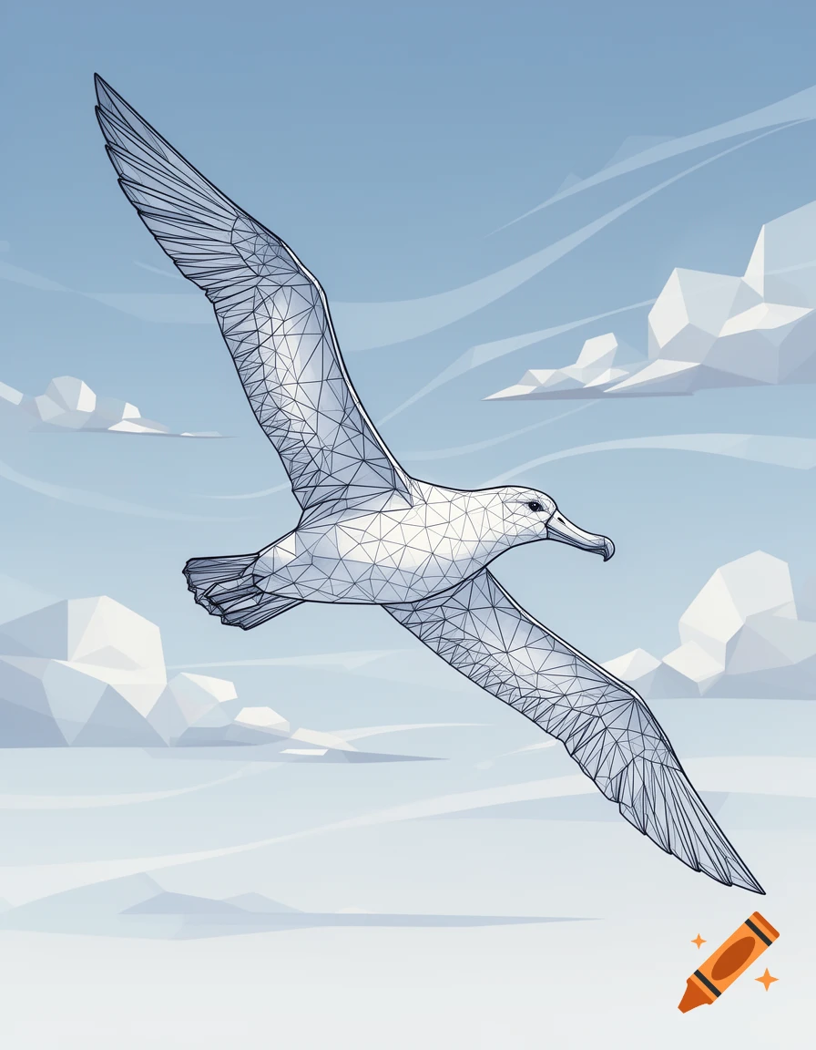 Geometric line art drawing of an albatross soaring through a blue sky with low-poly clouds.