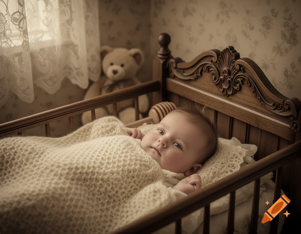 A baby lies in an antique wooden crib with a knitted blanket, in a vintage-styled nursery with a teddy bear in the background.