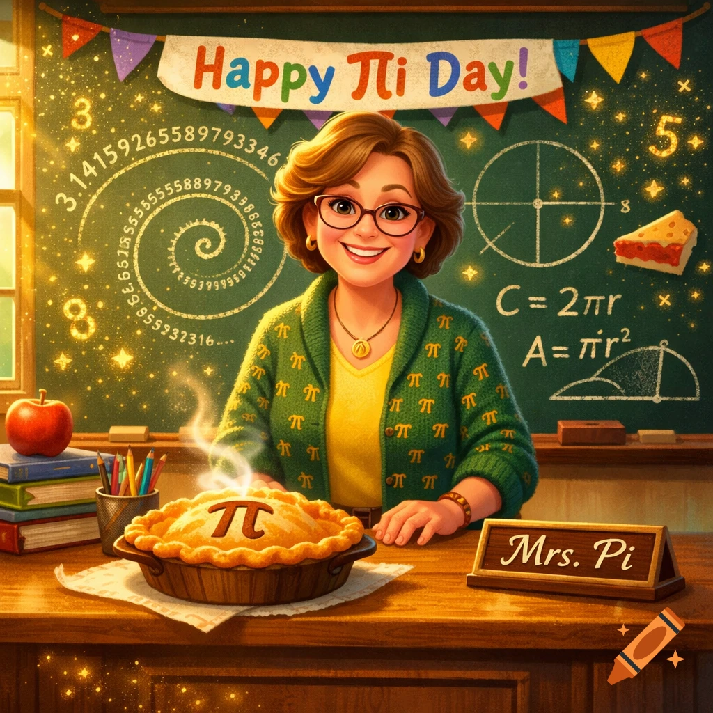 A friendly cartoon teacher, Mrs. Pi, smiles in a classroom with a steaming pi pie. The chalkboard behind her has math formulas and an incorrect spiral of Pi digits.