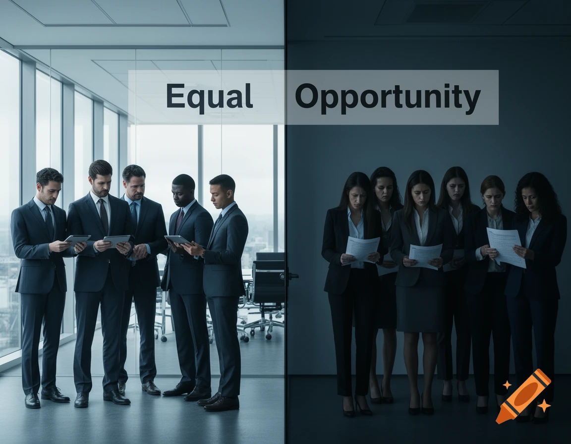Photorealistic image contrasting men in a bright office using tablets with women in a dark room reading papers, labeled 'Equal Opportunity'.