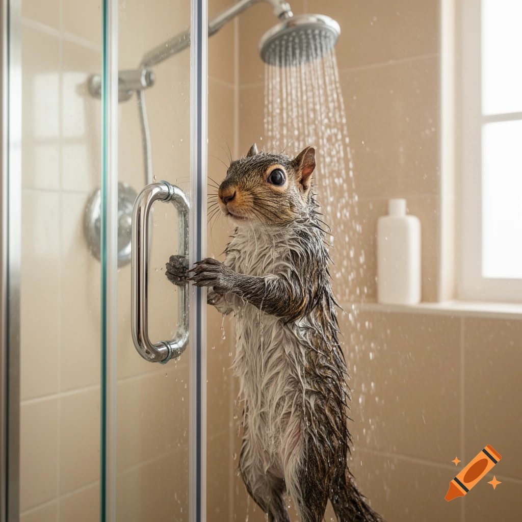 A photorealistic image of a wet squirrel holding onto a shower door handle while water sprays from the showerhead.