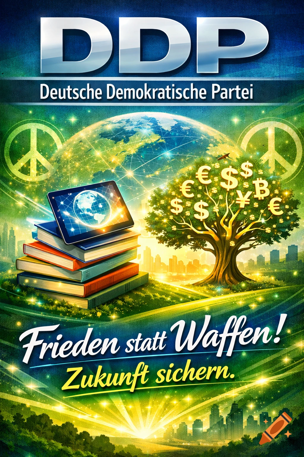 Vibrant political poster for 'DDP Deutsche Demokratische Partei' with a glowing globe, books, money tree, and cityscape, featuring the slogan 'Frieden statt Waffen! Zukunft sichern!'