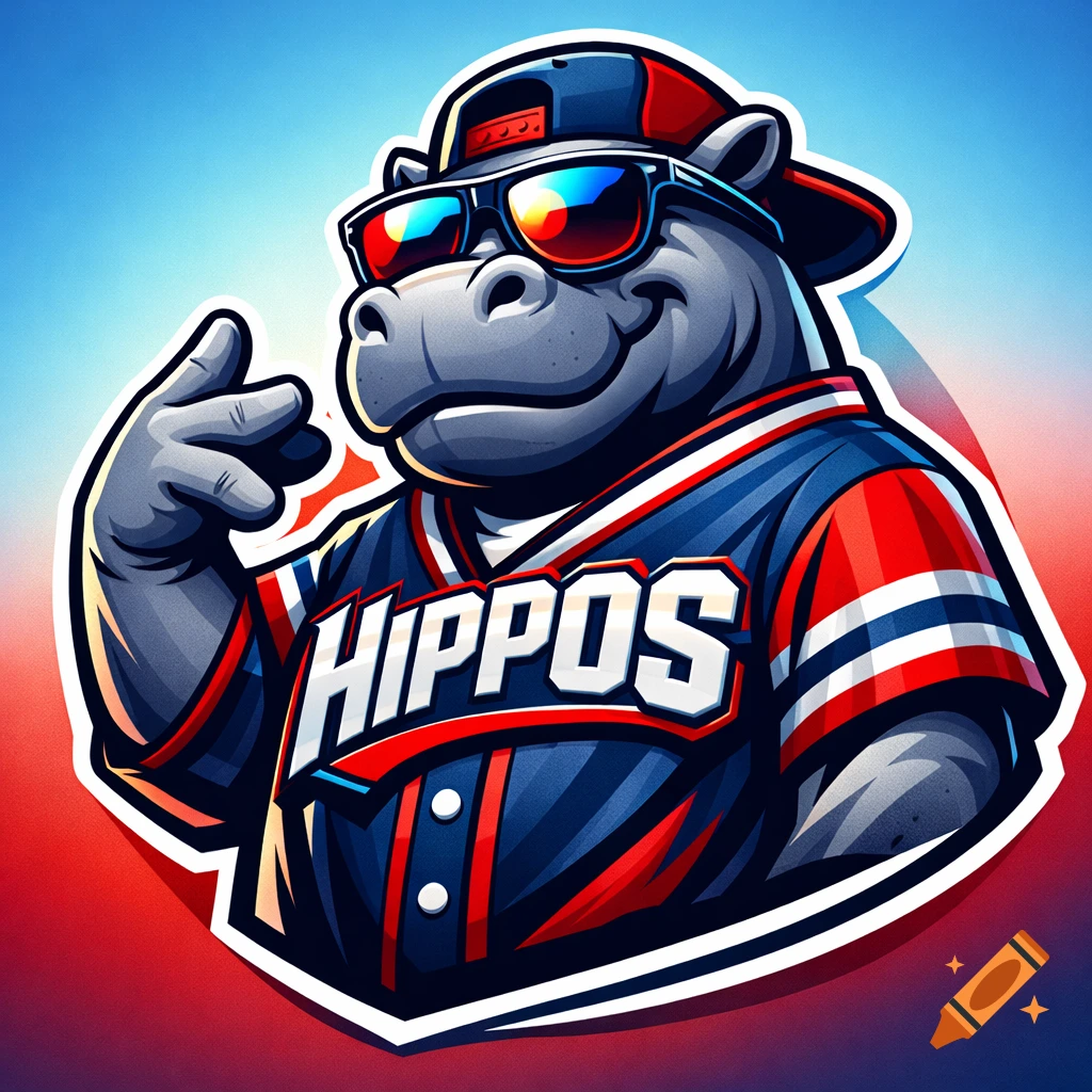 A cartoon hippo mascot in a baseball jersey with 'HIPPOS' text, sunglasses, and a backward cap, making a thumbs-up gesture.