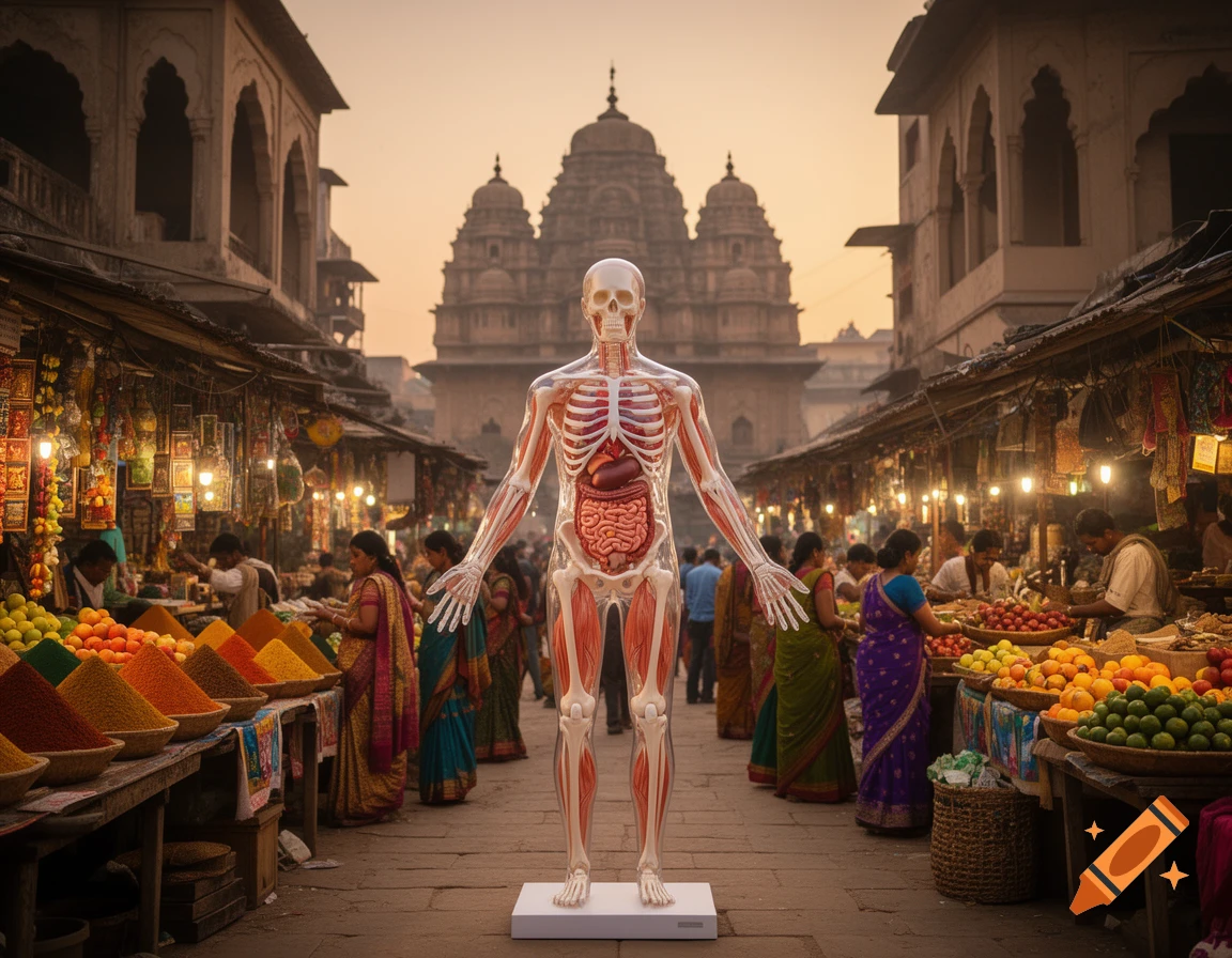 Photorealistic image of a transparent human anatomical model with visible skeleton and organs, standing in a bustling ancient Indian market street at dusk, with colorful stalls and traditional architecture.