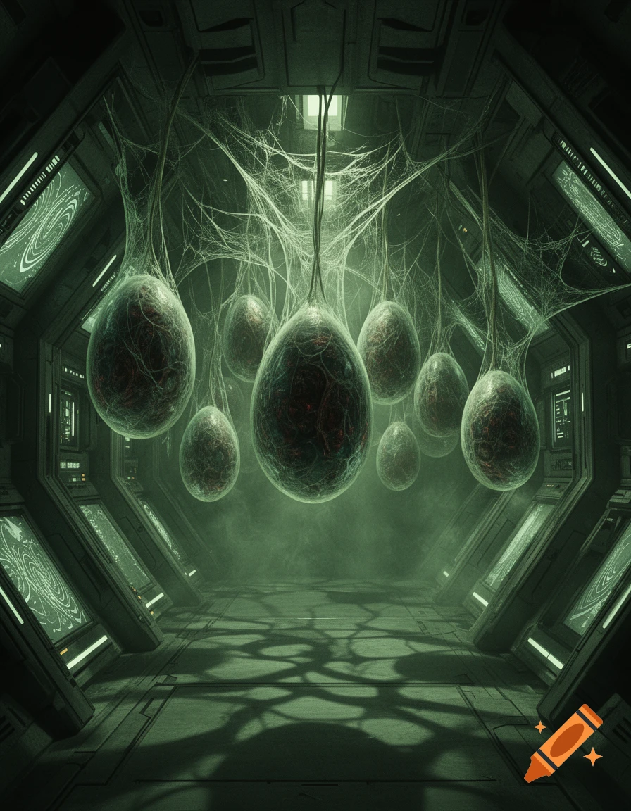 A dark, futuristic alien spaceship interior with numerous translucent, ovular monster eggs hanging from the ceiling by webs.