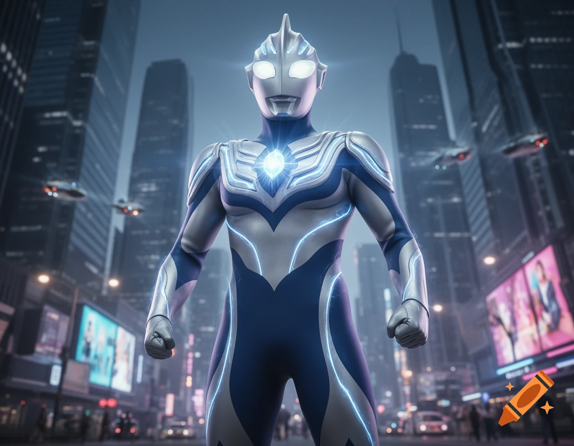 Ultraman Ginga in a blue and silver suit with glowing eyes and chest stands in a futuristic city at night, photorealistic.