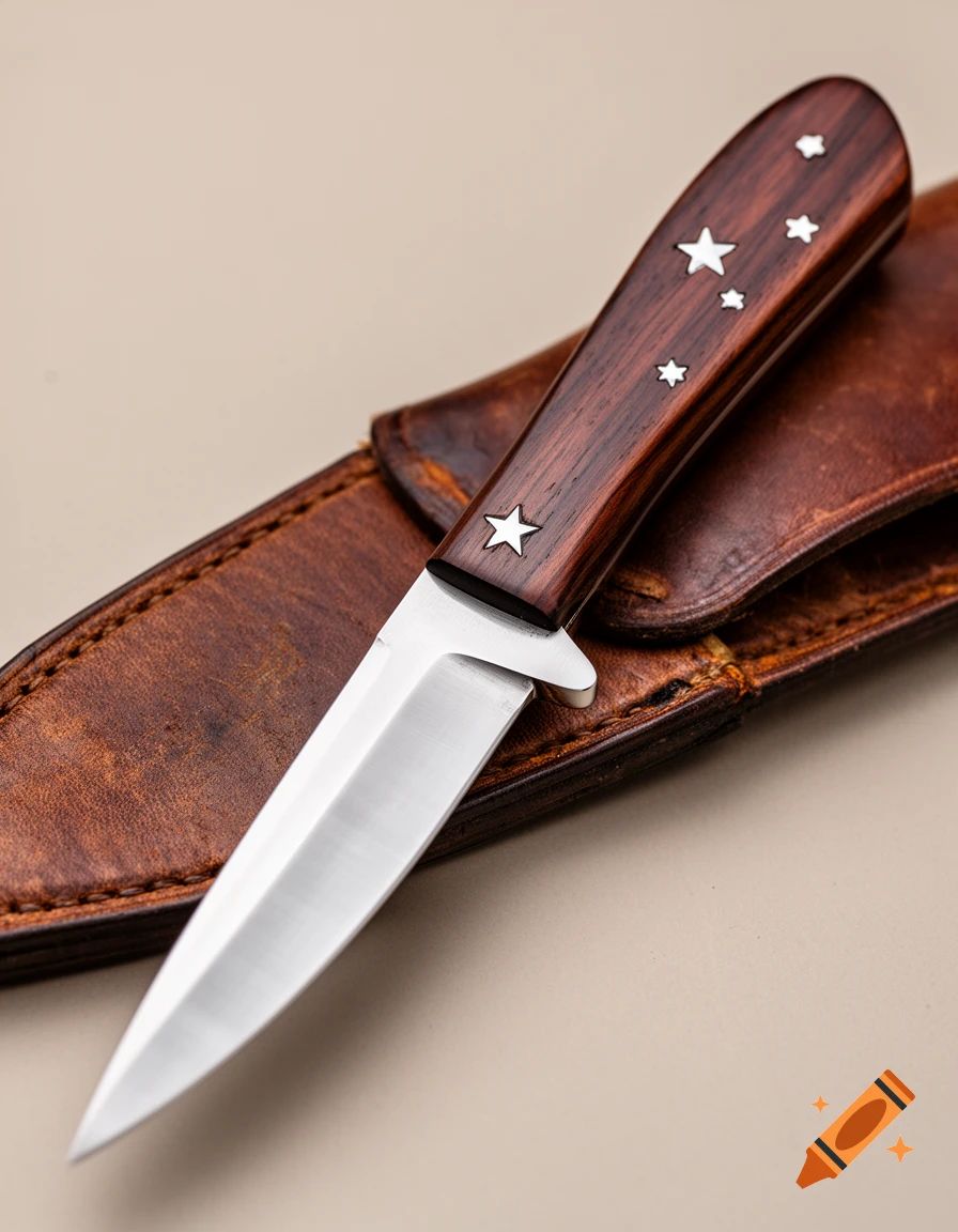 A close-up of a sharp knife with a dark wooden handle inlaid with silver stars, resting on a brown leather sheath.