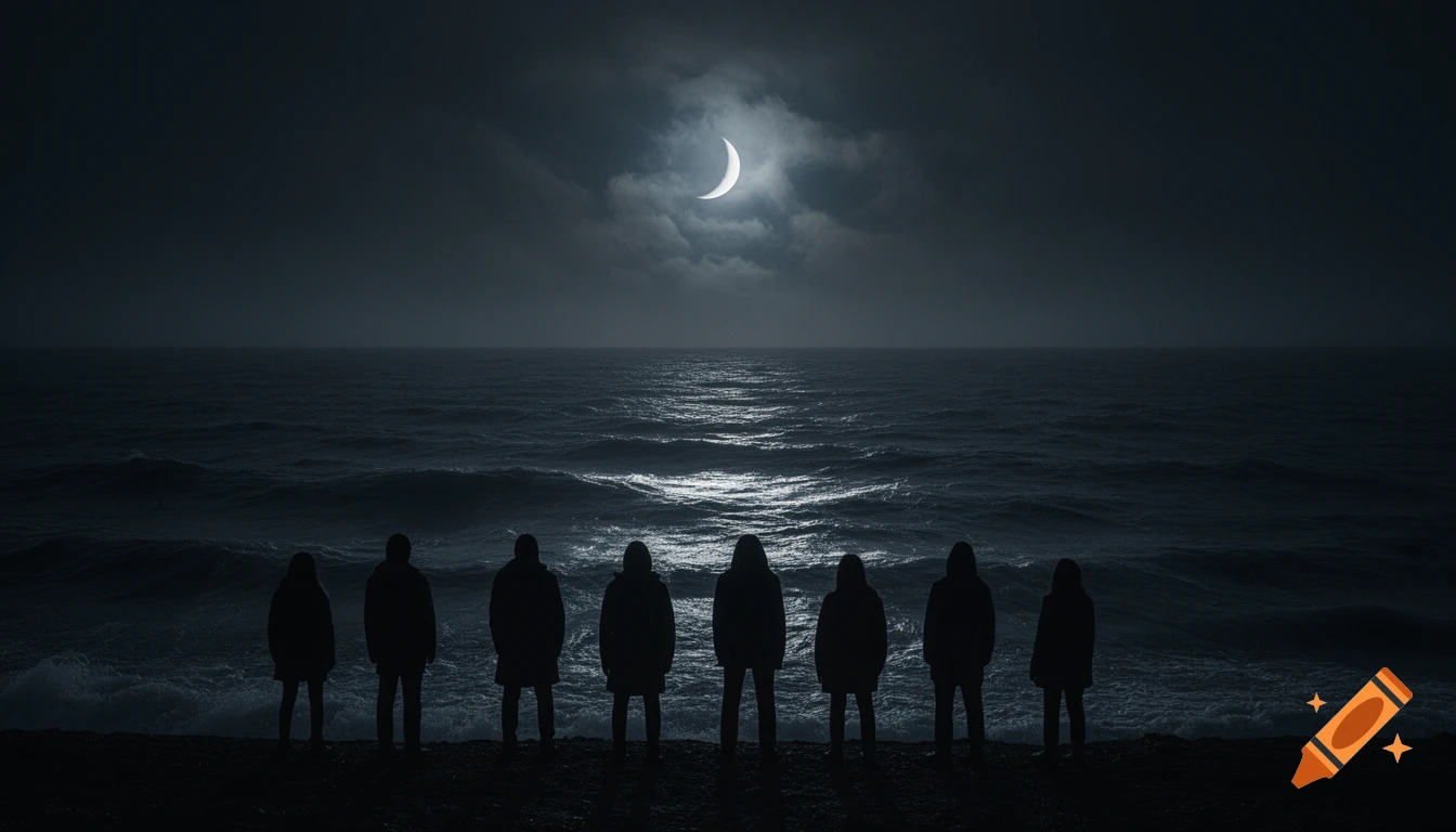 Silhouettes of seven people stand on a dark shore, gazing at a vast, stormy sea under a crescent moonlit night.