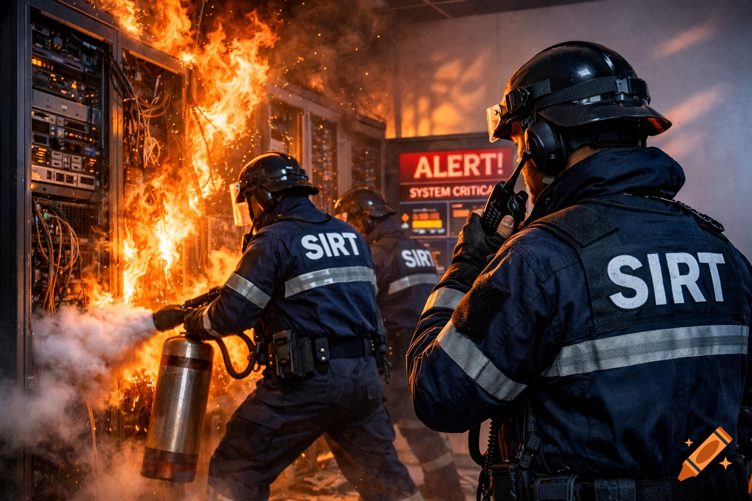 Security Incident Response Team (SIRT) members put out a fire in a server rack within a data center, with a screen displaying 'ALERT! SYSTEM CRITICAL'. Photorealistic style.