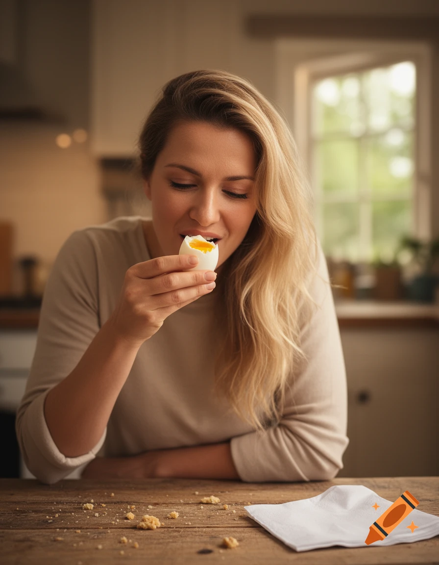 A blonde woman in a beige shirt happily eats a soft-boiled egg at a rustic wooden table.