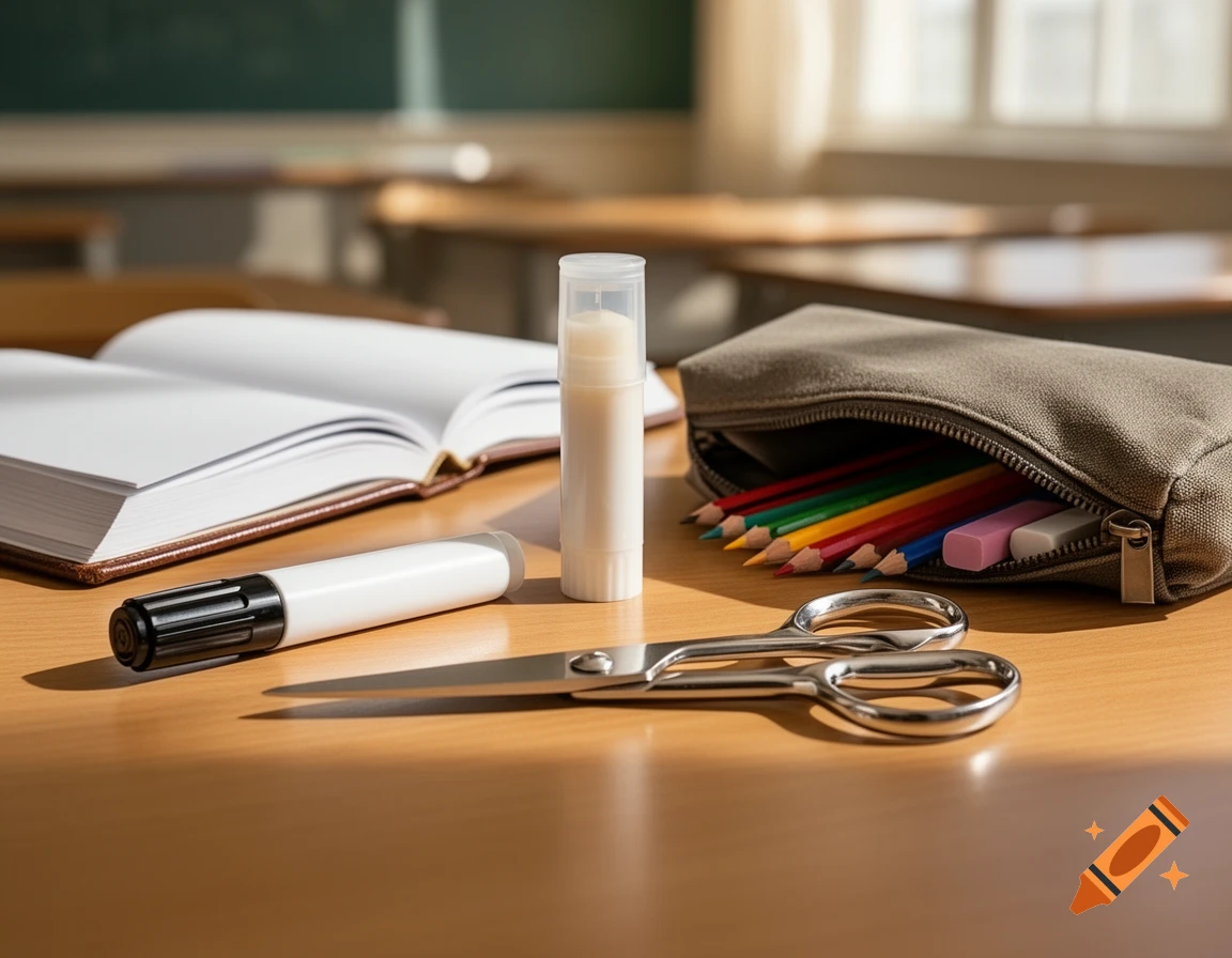 School supplies, including an open book, glue stick, marker, scissors, and a pencil case with colored pencils and erasers, are neatly arranged on a wooden desk bathed in sunlight, with a classroom in the blurred background.