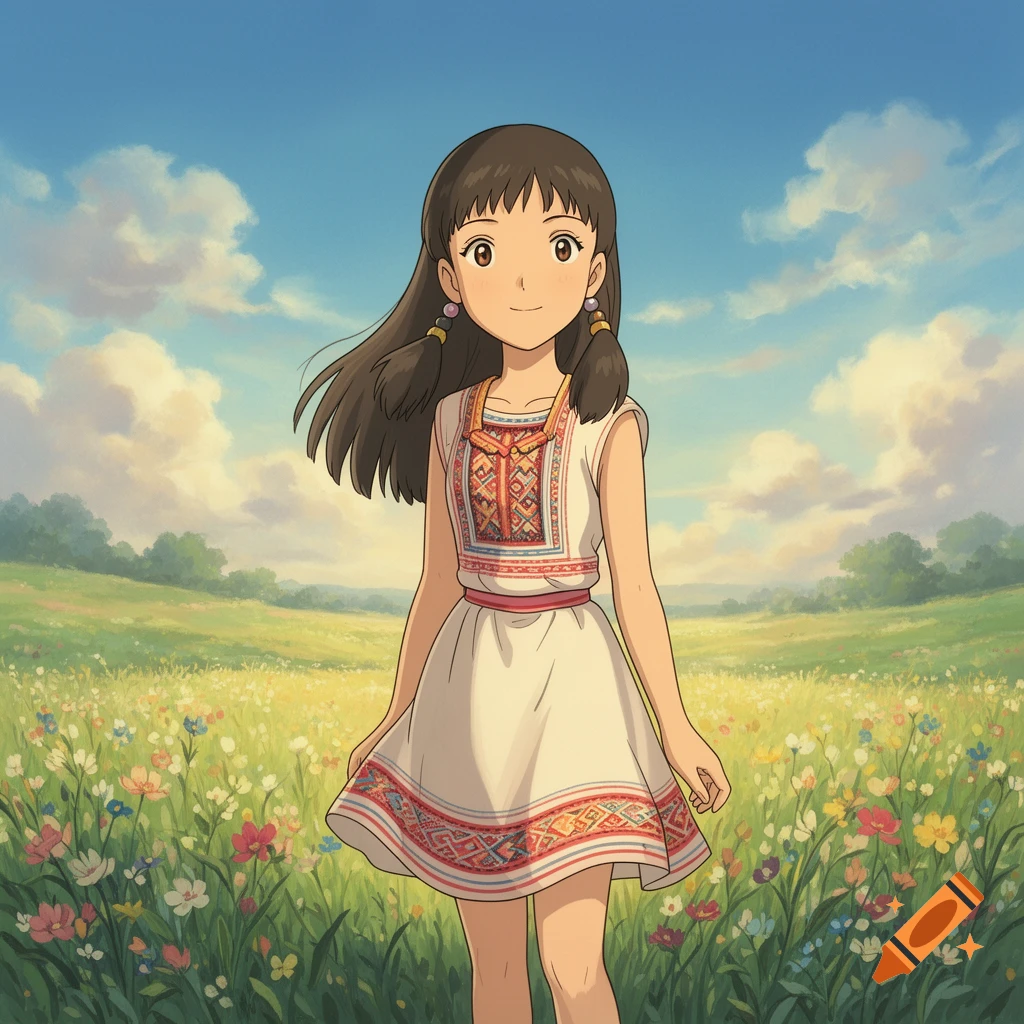 Ghibli-style animation of a smiling girl with dark hair and a patterned white dress in a field of wildflowers under a blue sky.