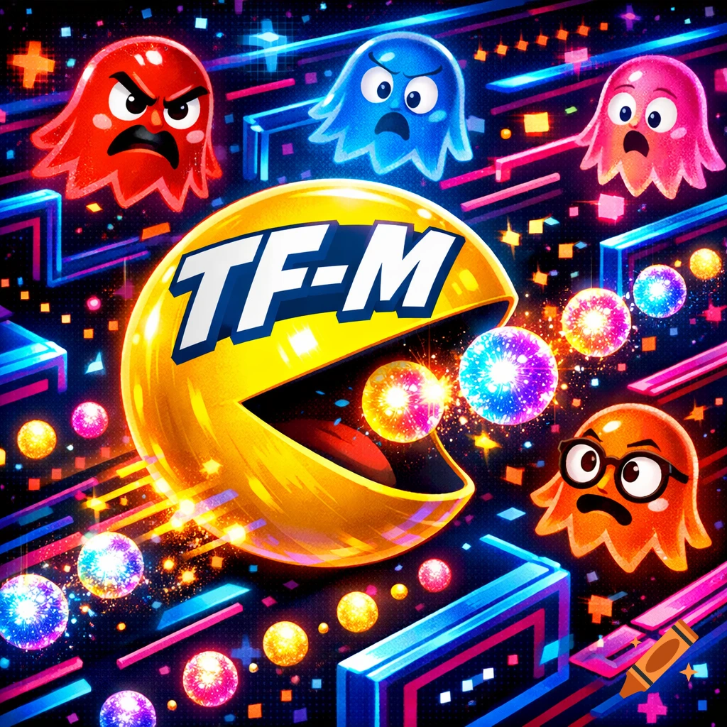 A colorful, stylized Pac-Man character labeled "TF-M" in a neon maze, surrounded by angry ghosts and sparkling power-ups.