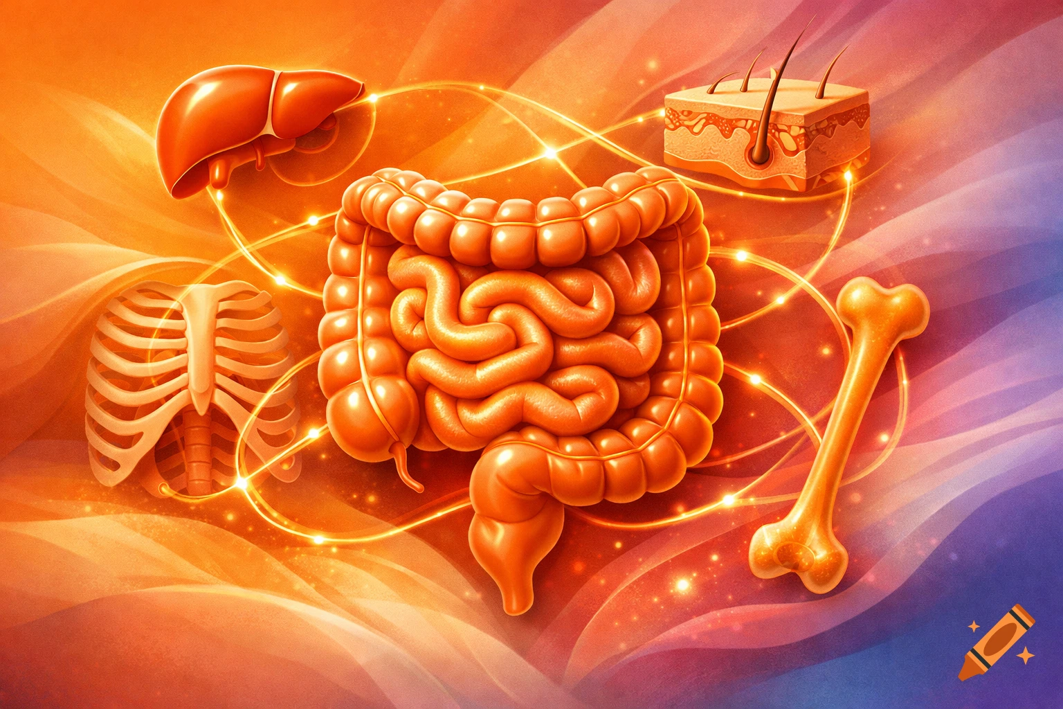 Stylized illustration of human internal organs (intestines, liver, ribs, bone, skin cross-section) connected by glowing lines.