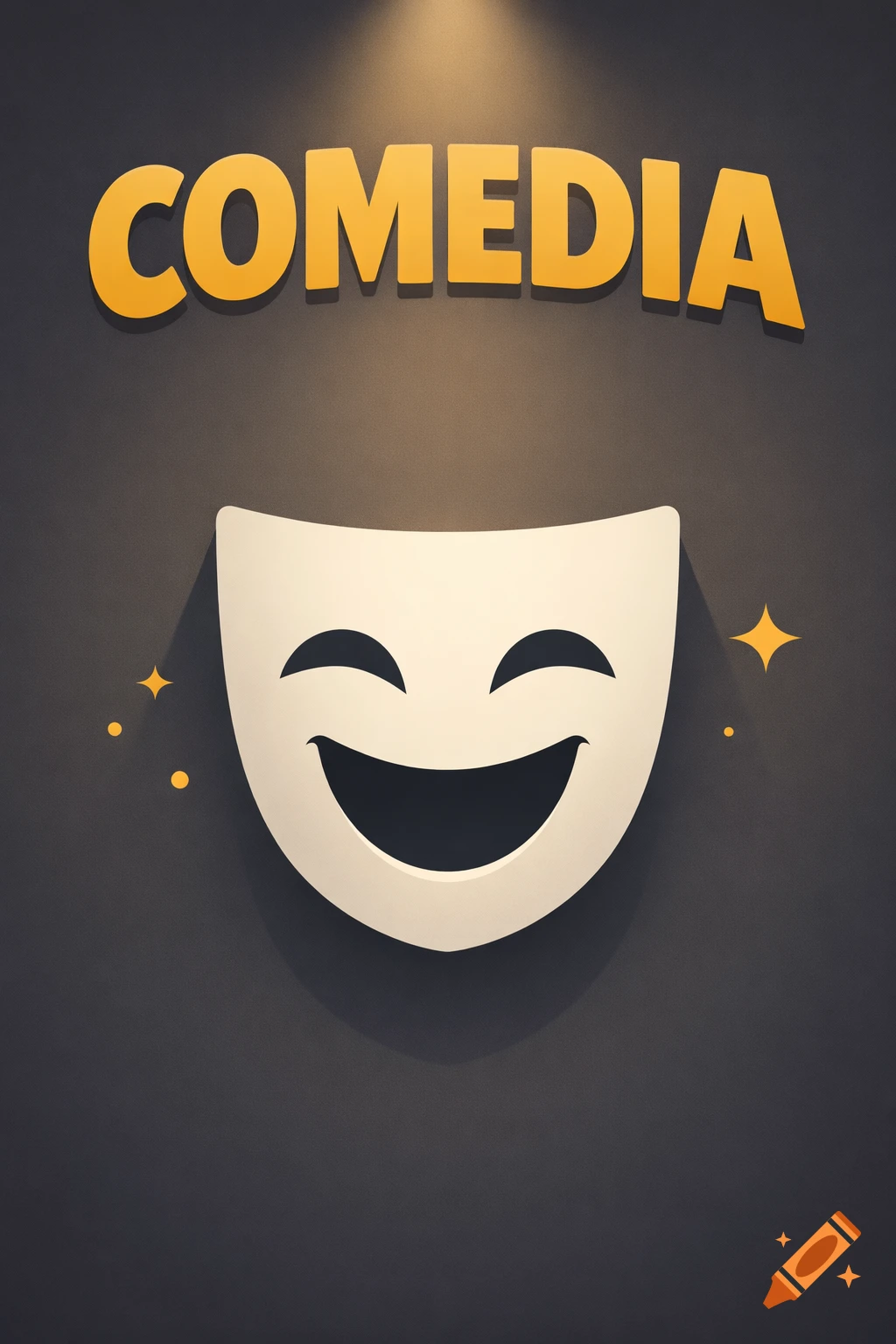 Minimalist 'COMEDIA' poster with golden yellow text and a white laughing comedy mask on a dark gray background.