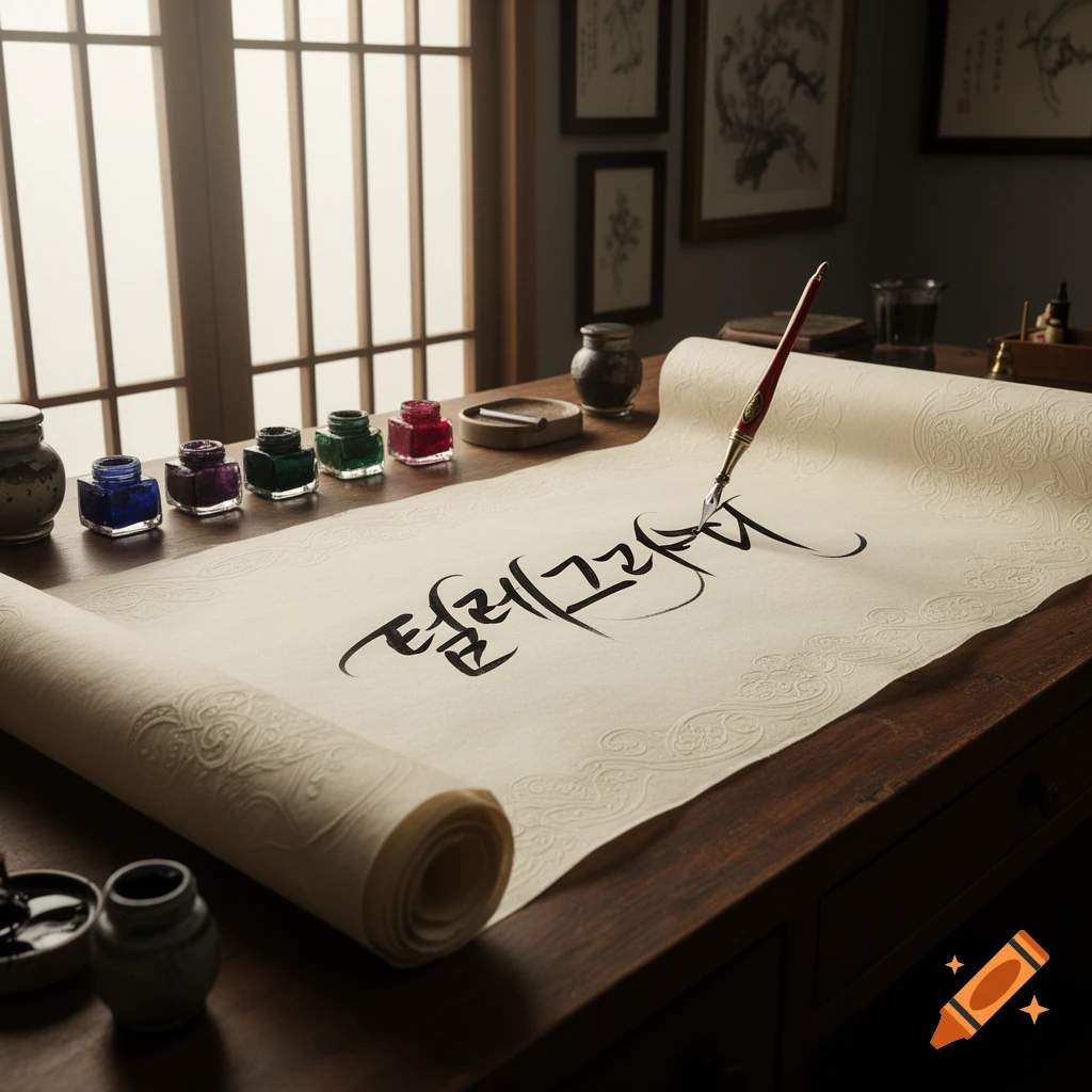 A quill pen writing the Korean characters "텔레그라피" on a textured scroll on a wooden desk, with ink bottles and a window in the background.