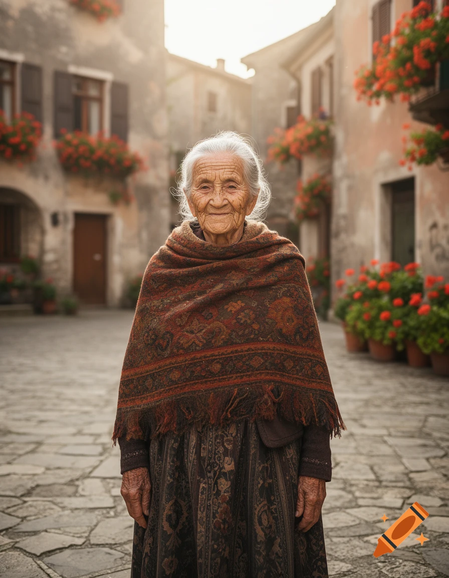 A photorealistic portrait of an elderly woman with a kind smile, wearing a patterned shawl, standing in a sunny village square.