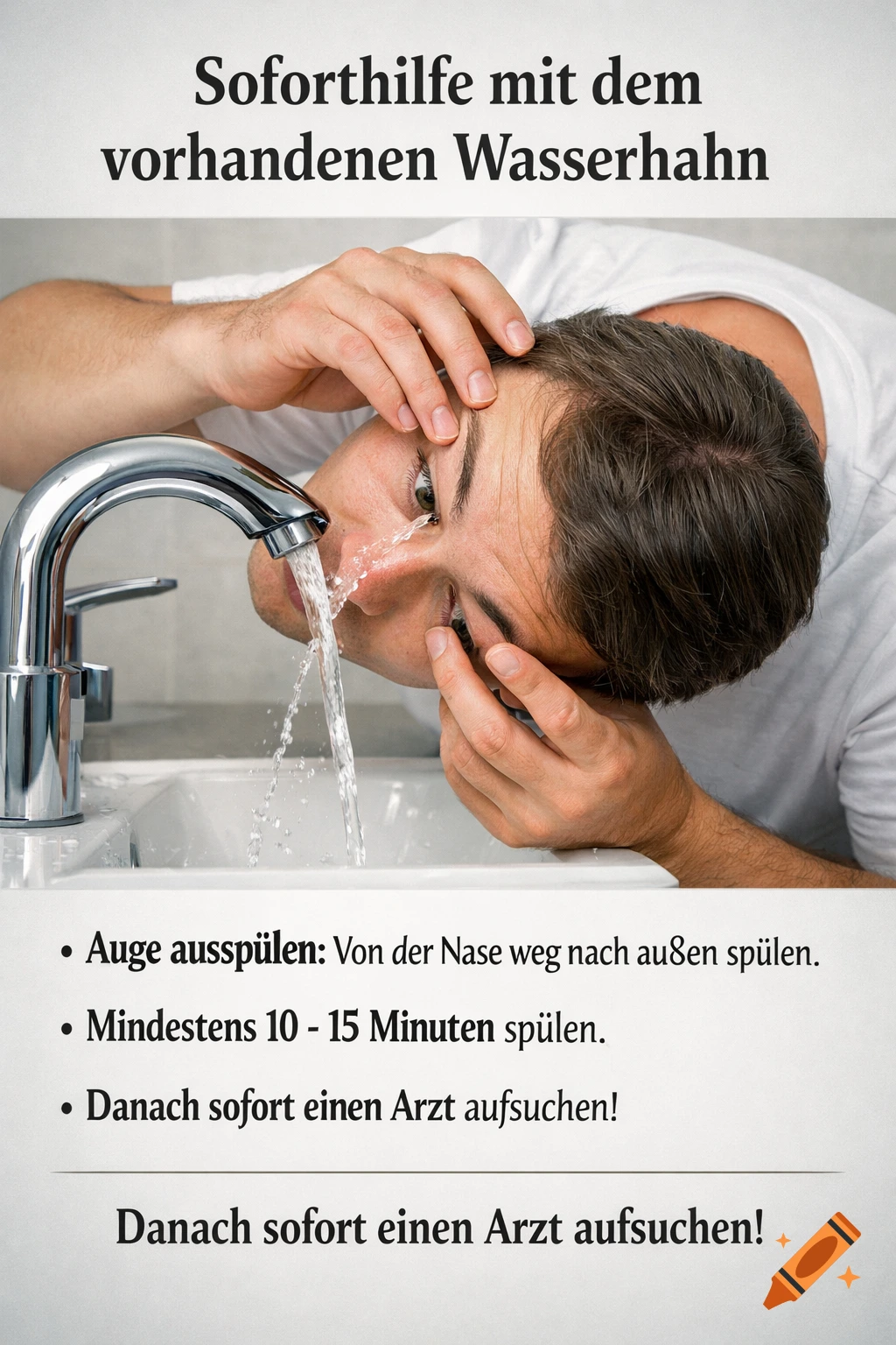 A man rinsing his eye under a faucet in a sink, with German text providing instructions for eye first aid.